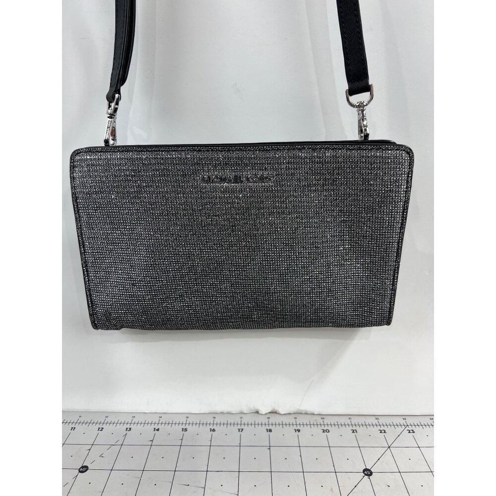 Michael Kors Metallic Silver Black Crossbody Clutch Bag ~~minty~~ Leather